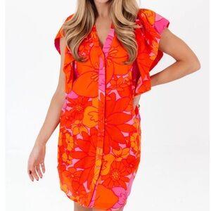 J Marie Floral Midi Dress ruffle sleeves cottage core Orange & Pink Retro Y2K✨